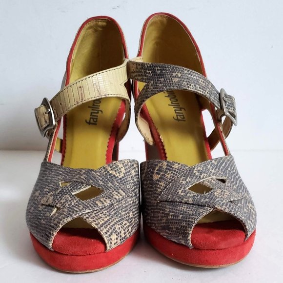 FARYLROBIN Leather Snakeskin Coral Red Suede Peep Toe Heels Anthropologie - Picture 5 of 15